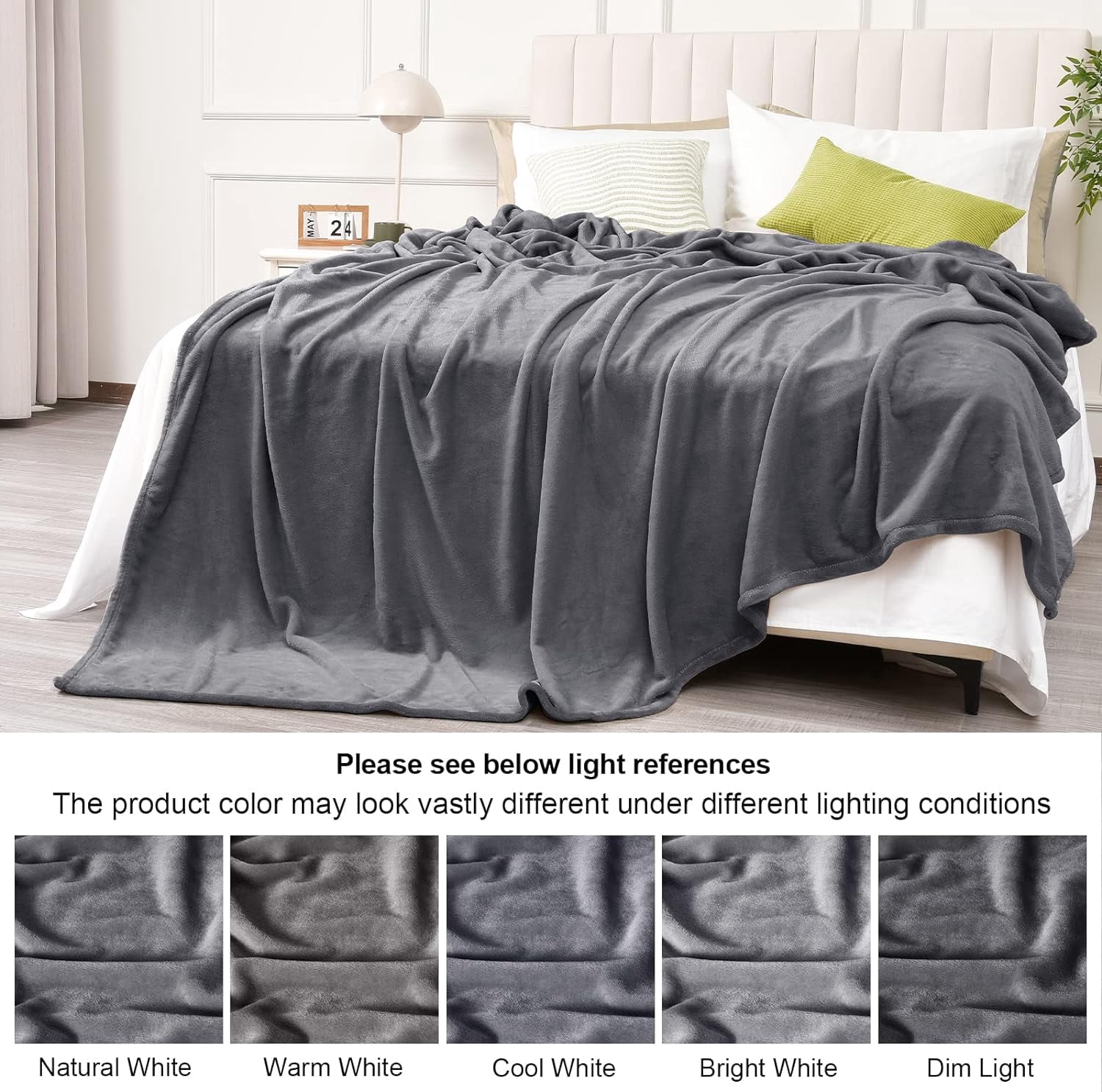 PHF Fleece Queen Blanket, Fuzzy Soft Lightweight Blankets for Bed, Sofa, Suitable for All Season, Grey, 90x90 inches