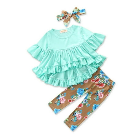 

Frecoccialo Little Girls 3PCS Outfit Set Solid Color Top Floral Pant Bow Hair Band