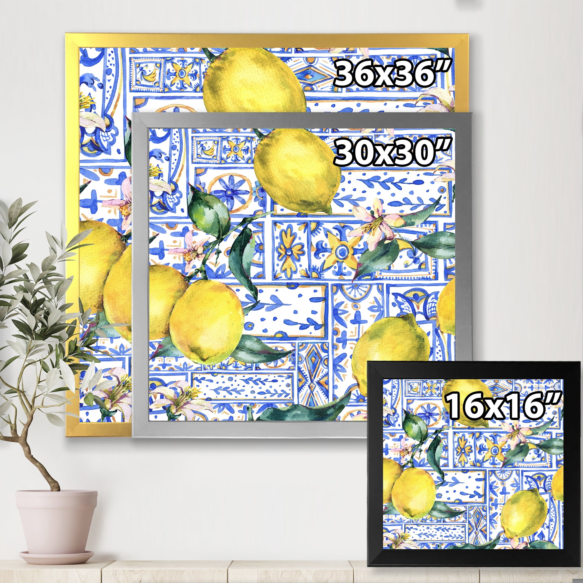 Designart 'Geometrical Pattern of Lemon Ornament On Blue I' Tropical Framed Art Print