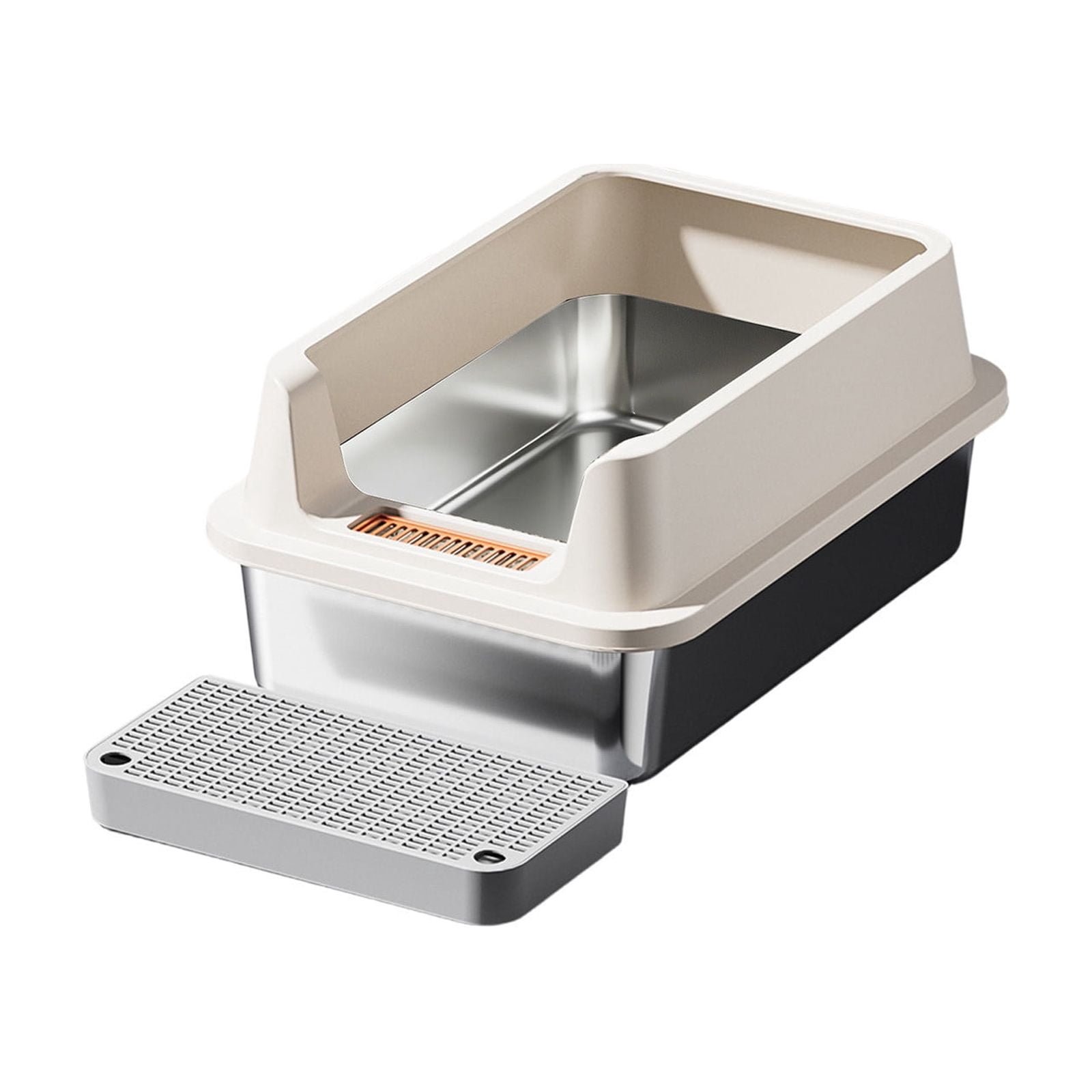 Stainless Steel High Sided Litter Box, Large Open Top Cat Litter Pan with Step Platform, Odor Resistant & Easy Clean, Non-Slip Kitty Tray with Scoop for Small & Large Cats