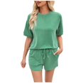 thumbnail image 2 of Mqqzkk Two Piece Sets for Women Summer Textured Short Sleeve Lounge Set Crewneck Tops Drawstring Shorts Tracksuit Outfits, 2 of 7