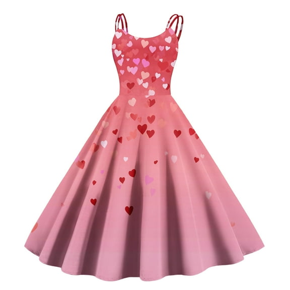 Vintage Valentine Heart Print Party Dresses For Women Round Neck A-Line Sleeveless Midi Dress Red XL