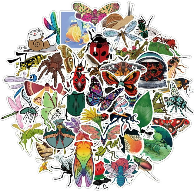 50pcs Insect Stickers PVC Bug Decals Waterproof Vinyl for Kids Teens Laptop Bumper Phone Guitar Luggage