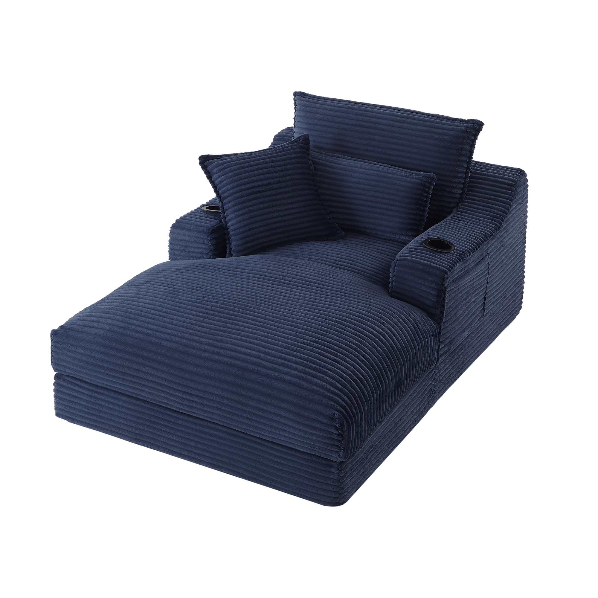 Aukfa 68" Oversized Chaise Lounge Chair with 2 Cup Hoders&Side Pockets, 3Pillows, Corduroy, Blue