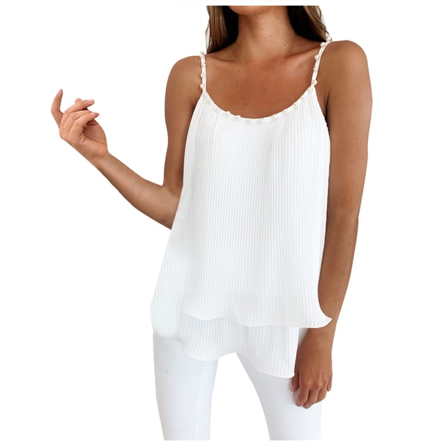 VEKDONE Débardeurs en Chiffon pour Femmes Été Sans Manches Col Rond Bretelles Spaghetti Débardeurs Couleur Unie Faux 2 Pcs Gilets Amples Blanc TTG