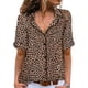 thumbnail image 3 of Camisa de manga corta con botones para mujer, blusa holgada informal con cuello vuelto y estampado de leopardo para viajes, café S, 3 of 6