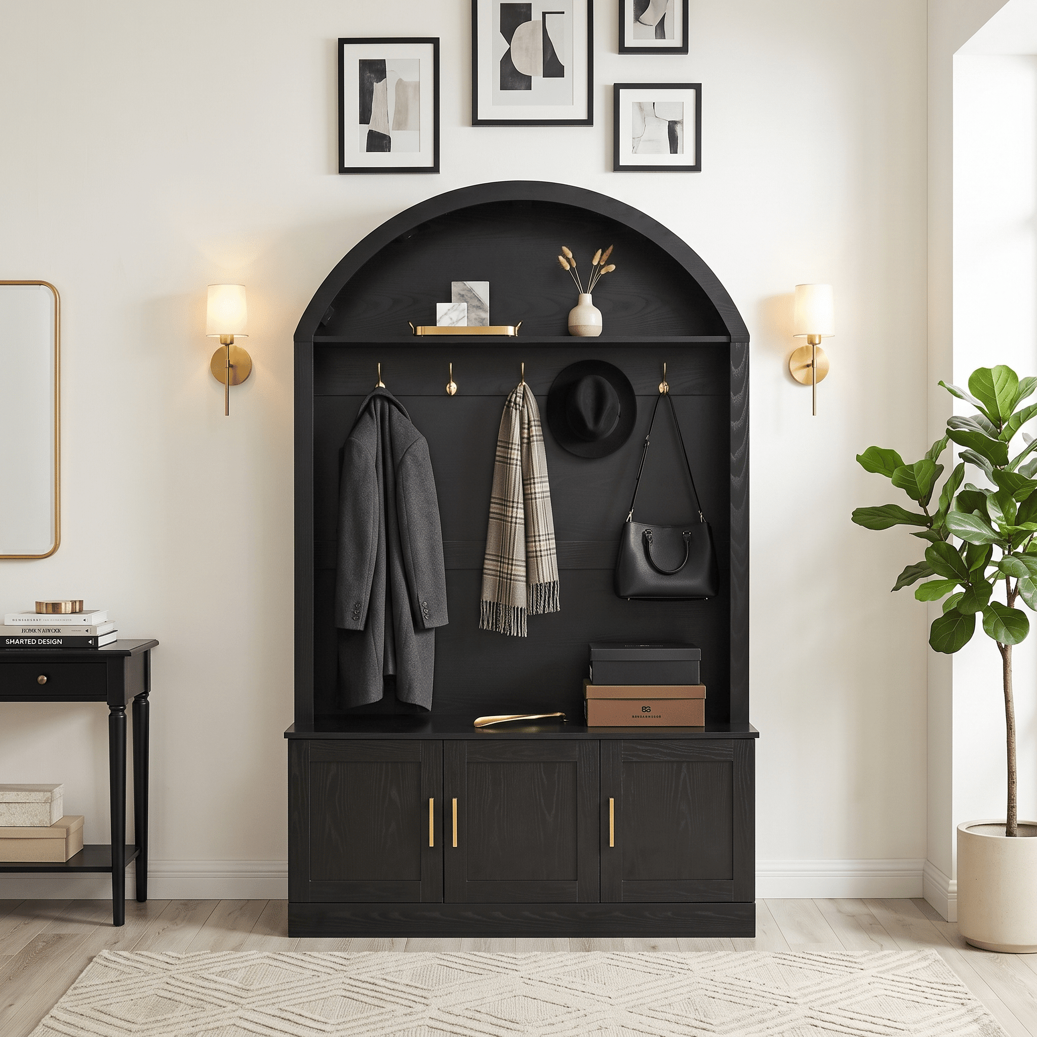 Homy Casa 46.4" Entryway Hall Tree with Coat Rack, Bench, Lower Cabinets & Hooks, Black