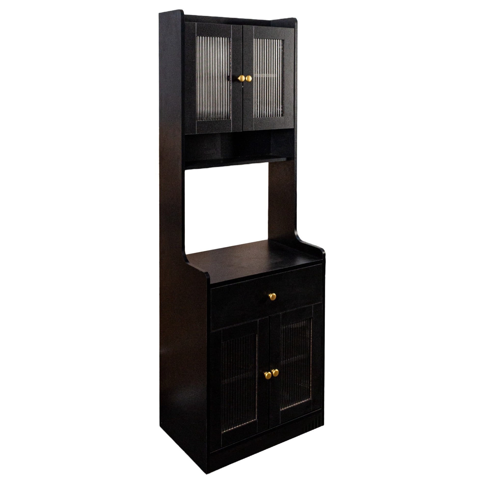 Kitchen Pantry Hutch Cabinet, Farmhouse Buffet Sideboard with Microwave Stand, Coffee Bar Cabinet with Storage Shelves and Drawer, Black