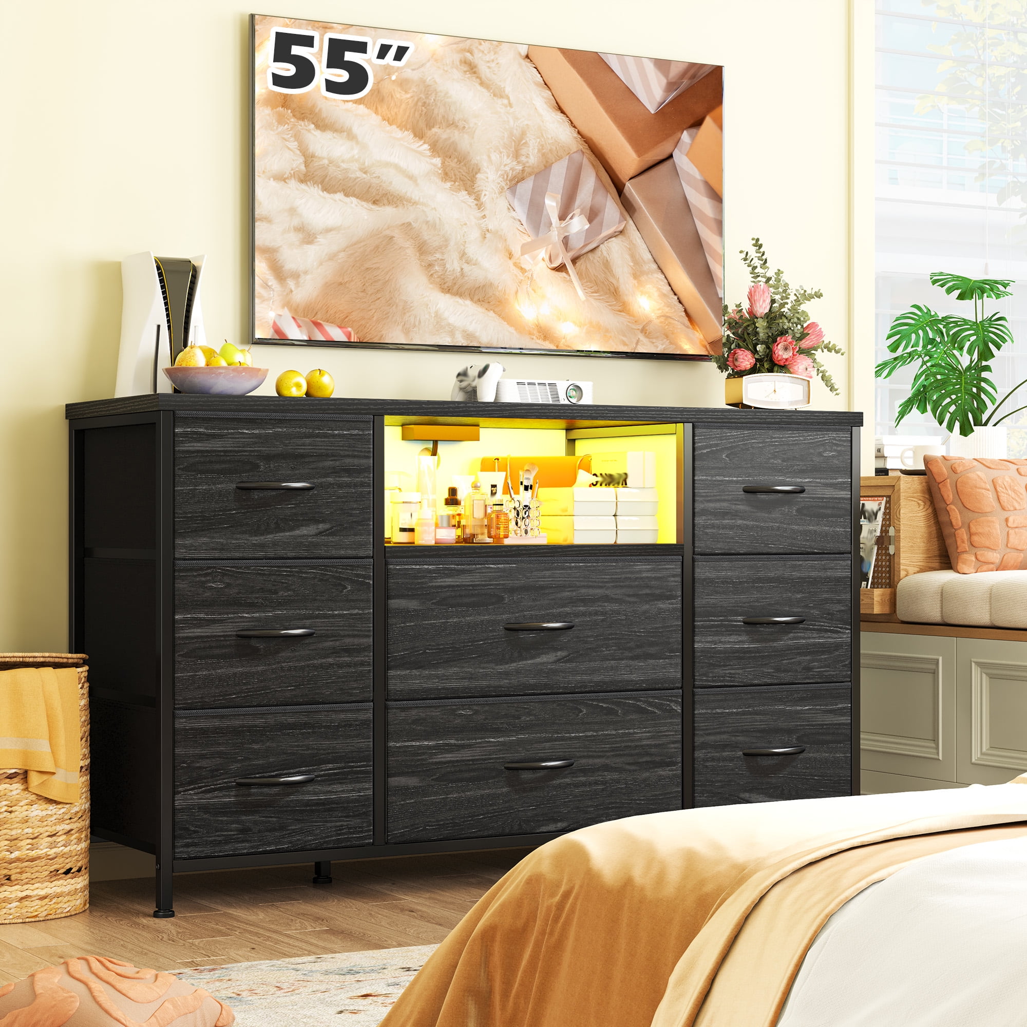 Black Dresser for Bedroom with Charging Station and LED Lights,55 inch TV Stand with 8 Fabric Drawer,Chest of Drawers with Open Shelves for Entryway, Living Room, Closet