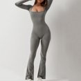 thumbnail image 6 of Square Neck Long Sleeve Slim Fit Jumpsuits for Women Flare Leg Skinny Tights Bodycon Romper Yoga Fitness Full Length Gray,2XL, 6 of 7