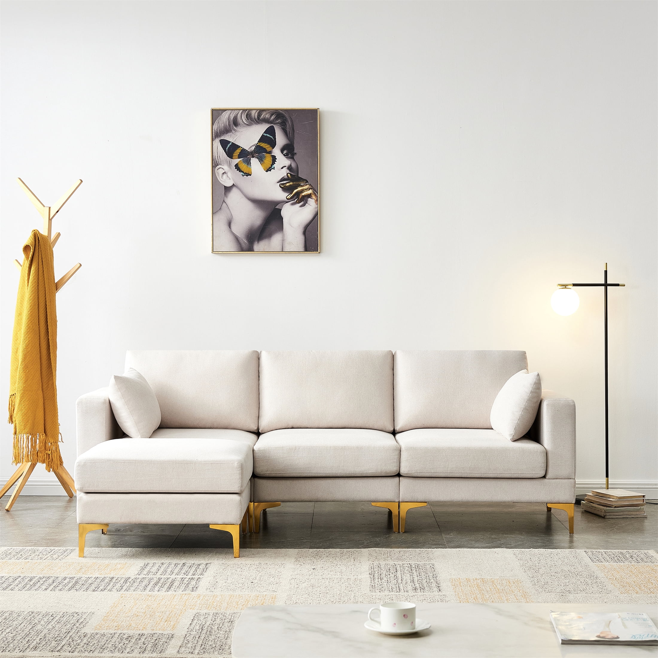 Aukfa 3-Piece Living Room Sectional Couch, Loveseat, Sofa Chair, Ottoman, 2 Pillows, Beige