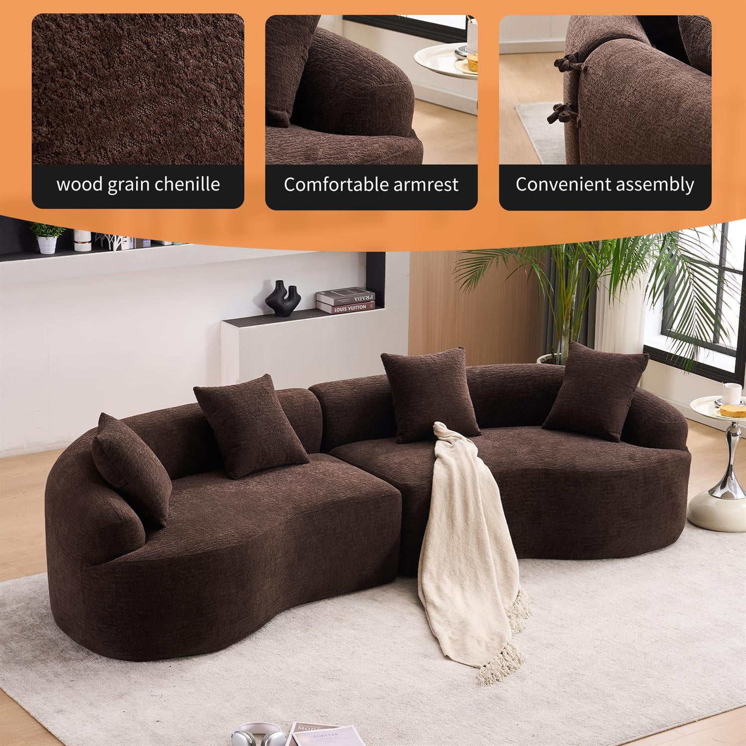 Demi Bonn 110"L Modular Sectional Sofa with Full Compression Sponge, Curved Design, High-Density Chenille Sleeper Couch for Living Room, 800 lbs Capacity, Brown