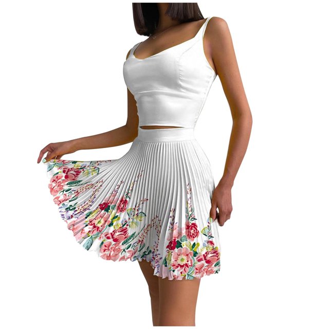 Mujeres Casual Verano Cuello Redondo Sin Mangas Tops Y Falda Conjunto De Dos Piezas Traje Wmkox8yi bvn3527