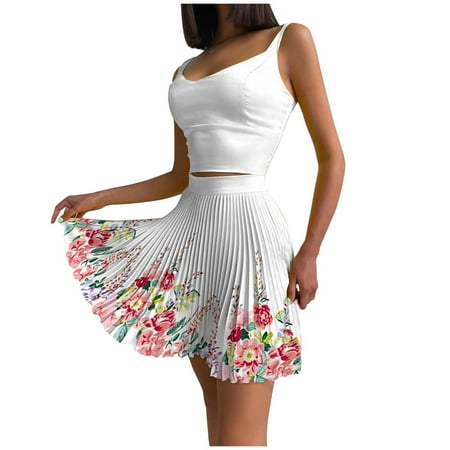 

Dadaria 2 Piece Outfits for Women Shorts Set Summer Round Neck Sleeveless Tops Skirt Two Pieces Set Suit White L Female