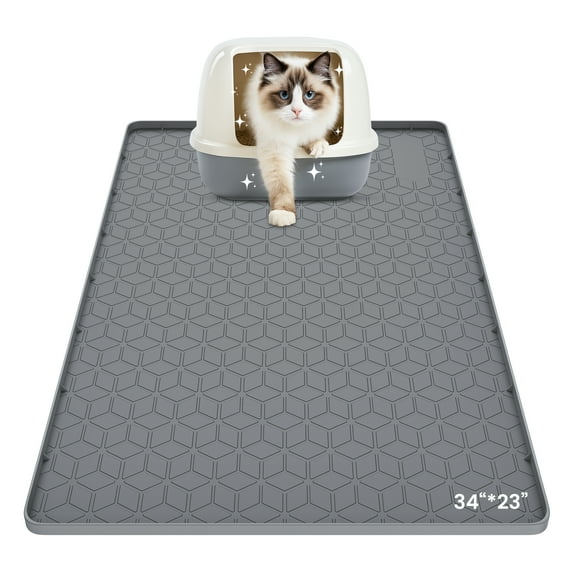 Cat Litter Mat Waterproof, 34" x 23" Non-Slip Silicone Large Cat Litter Mat, Cat Litter Box Mat for Litter Trapping, Easy to Store Kitty Litter Mat, Dark Gray