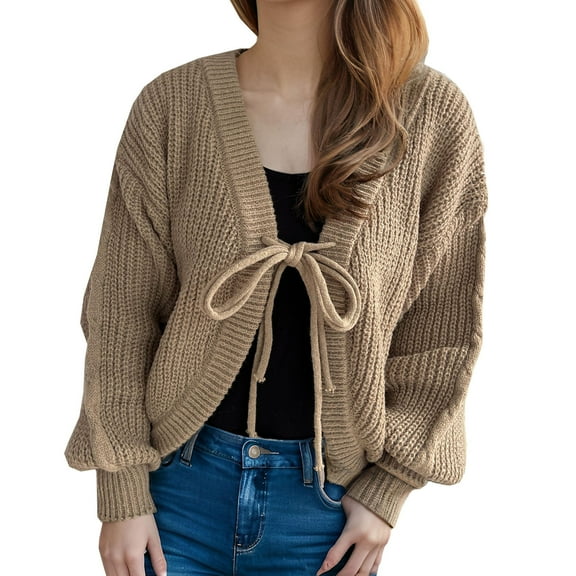 Women's Tie Front Bow Cardigan Sweaters Fashion Fall Oversized Long Sleeve Open Front Chunky Sweater Outwear Solid