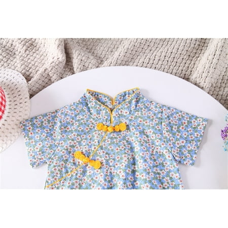 

Aayomet Flower Girl Dresses For Wedding Kids Toddler Baby Girls Cartoon Print Patchwork Cheongsam Princess Dress Outfits Blue 3-4 Years