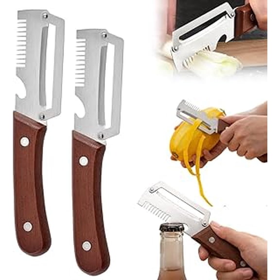 Premium Vegetable Peeler with Wooden Handle and Bottle Opener, 3-in-1 Multi-Functional Stainless Steel Blade Kitchen Tool, Handheld Fruit Peeler for Apple, Potato, Papaya, Carrot, Zucchini