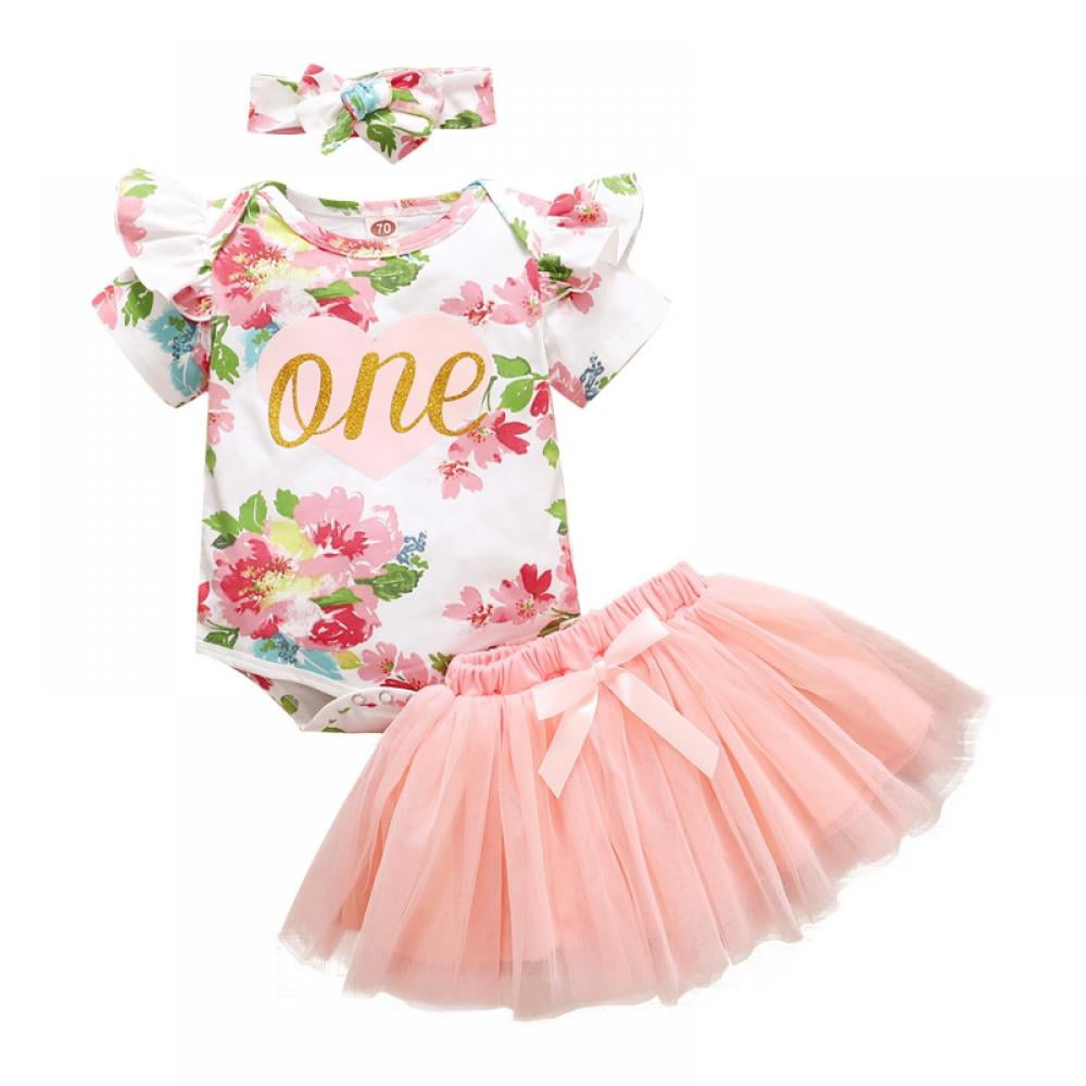 Baby Girls 1st Birthday Outfit Flutter Sleeve Romper Star Tulle Skirt 3pcs Set