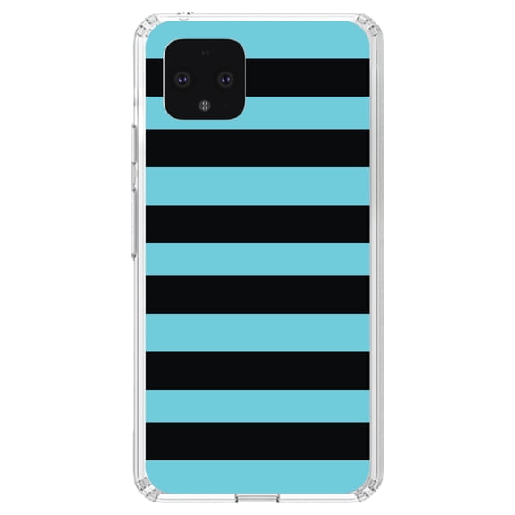 DistinctInk Clear Shockproof Hybrid Case for Google Pixel 4 XL (6.3" Screen) - TPU Bumper, Acrylic Back, Tempered Glass Screen Protector - Black & Cyan Bold Horizontal Stripes