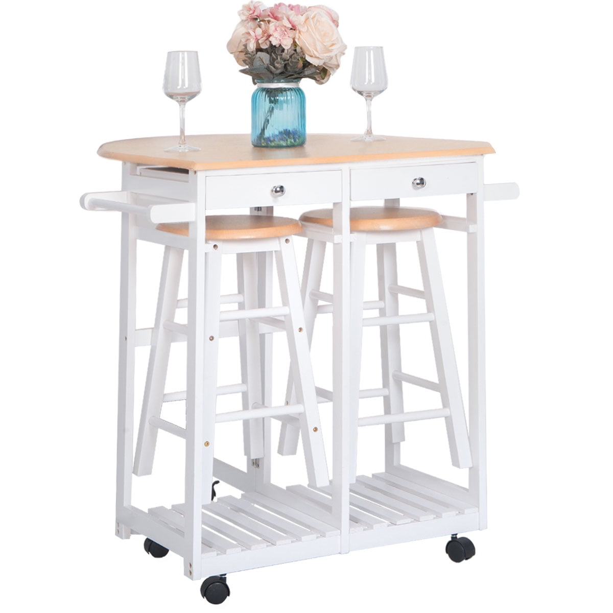Clearance! Drop-Leaf kitchen Island Cart with Bar Stools, Folding kitchen Trolley Cart Set with 
