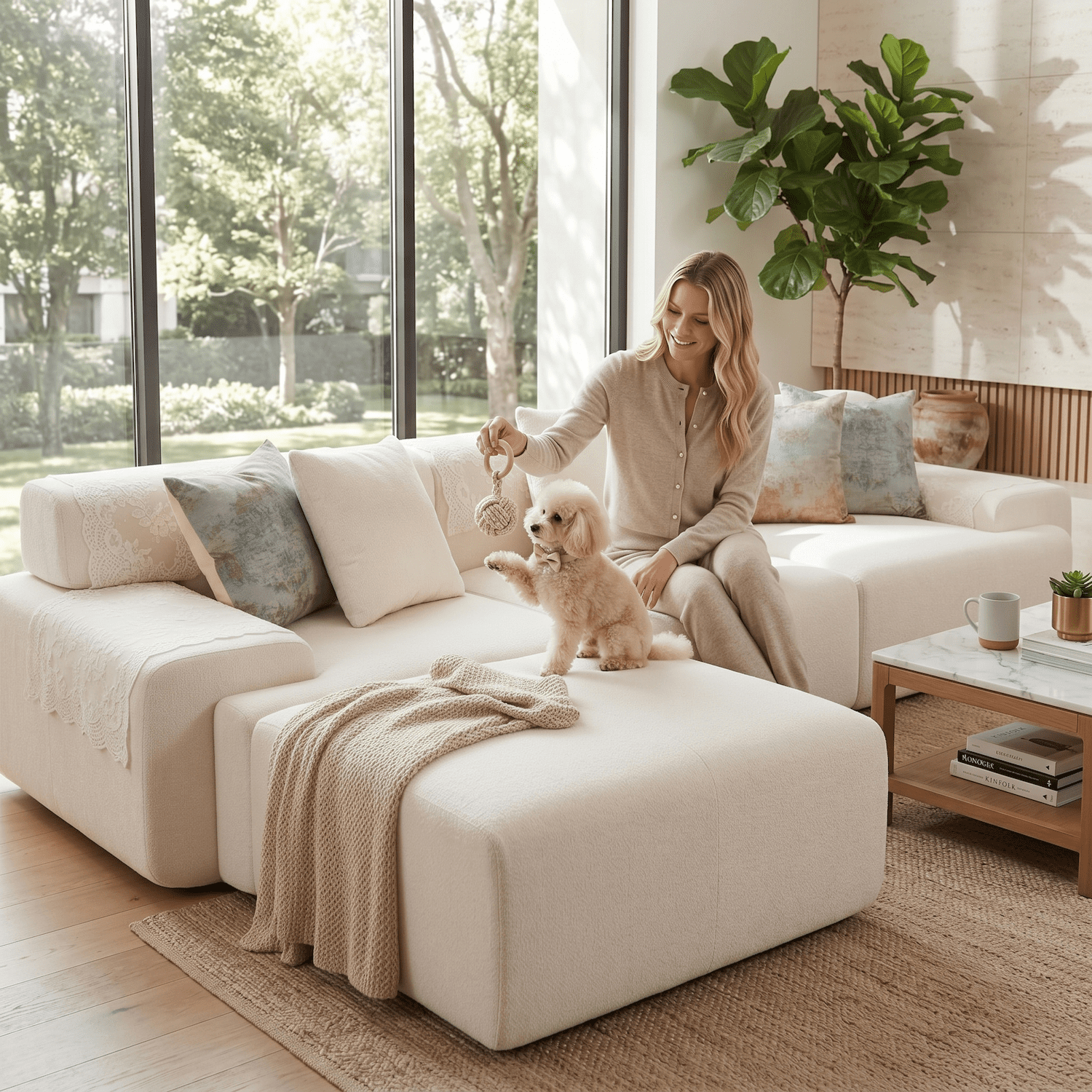 Xiweot Boneless Cloud Couch Sectional Sofa, Oversized Modular Sectional Couch for Living Room, Deep Seat Chenille Sofa with Ottoman, No Assembly Full Foam Comfy Couch for Apartment Bedroom (Beige)