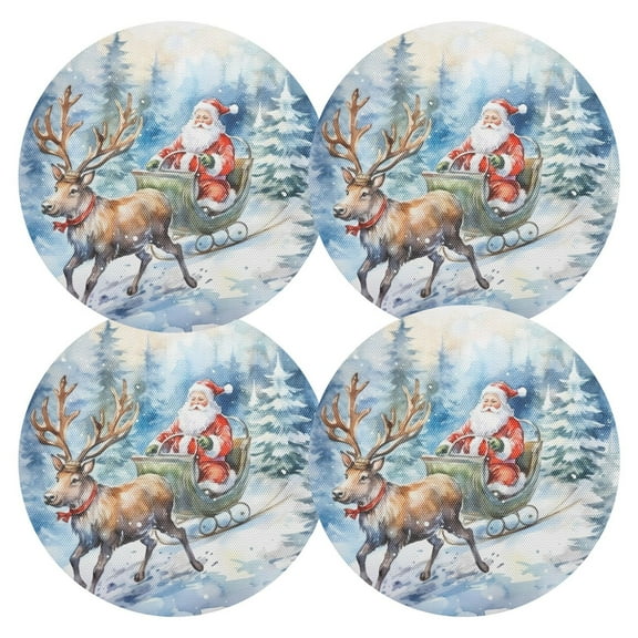 Ryvnso Christmas Deers with Santa Round Plate Mats Dining Table Placemat Set of 4 for Holiday Decoration