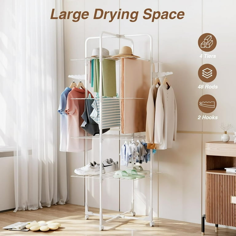 Clothes Drying Rack Foldable 4 Tier 48 Rods Plenty of Space Laundry Drying Rack Indoor Outdoor Movable Tower Clothing Airer Easy to Use Space Saving White Walmart