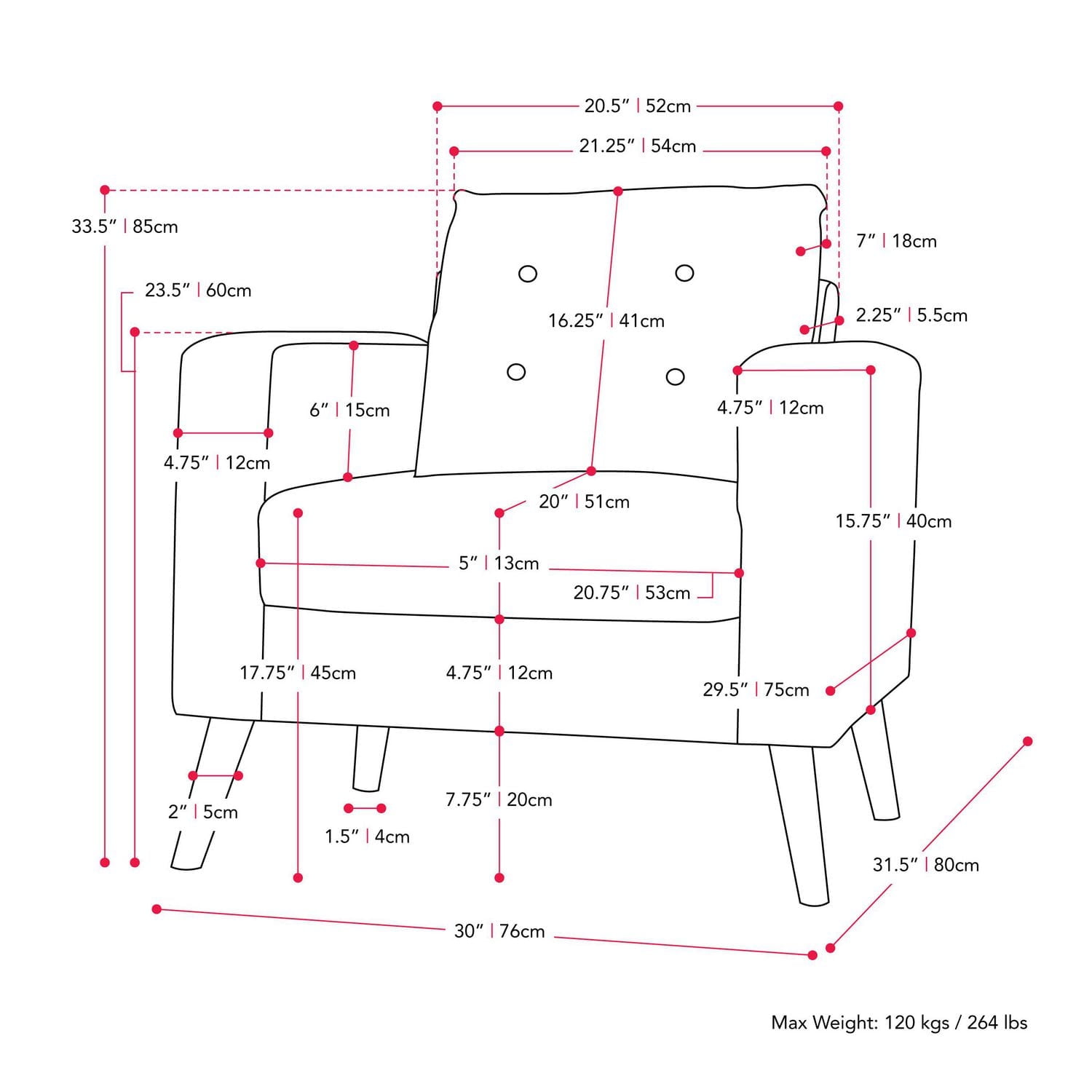 Fauteuil d'appoint d'intérieur capitonné Lyla de CorLiving avec pieds fuselés en bois