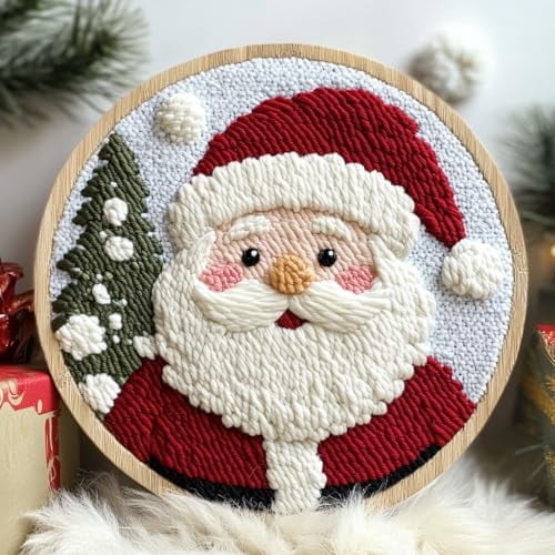 DIY Punch Needle Kits for Beginners Santa Claus with Hoop Punch Needle Starter Craft Embroidery Set Easy for Adults and Children Festival Gift and Decoration 20x20cm-9