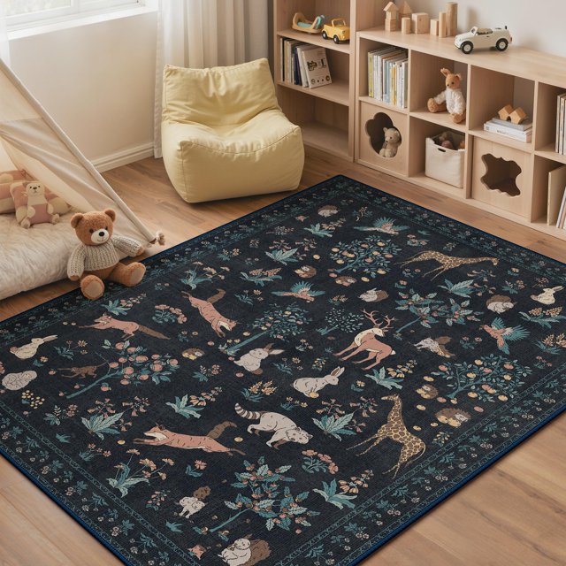 Alfombra BESBLEE con estampado floral de 160 x 200 cm, lavable a máquina