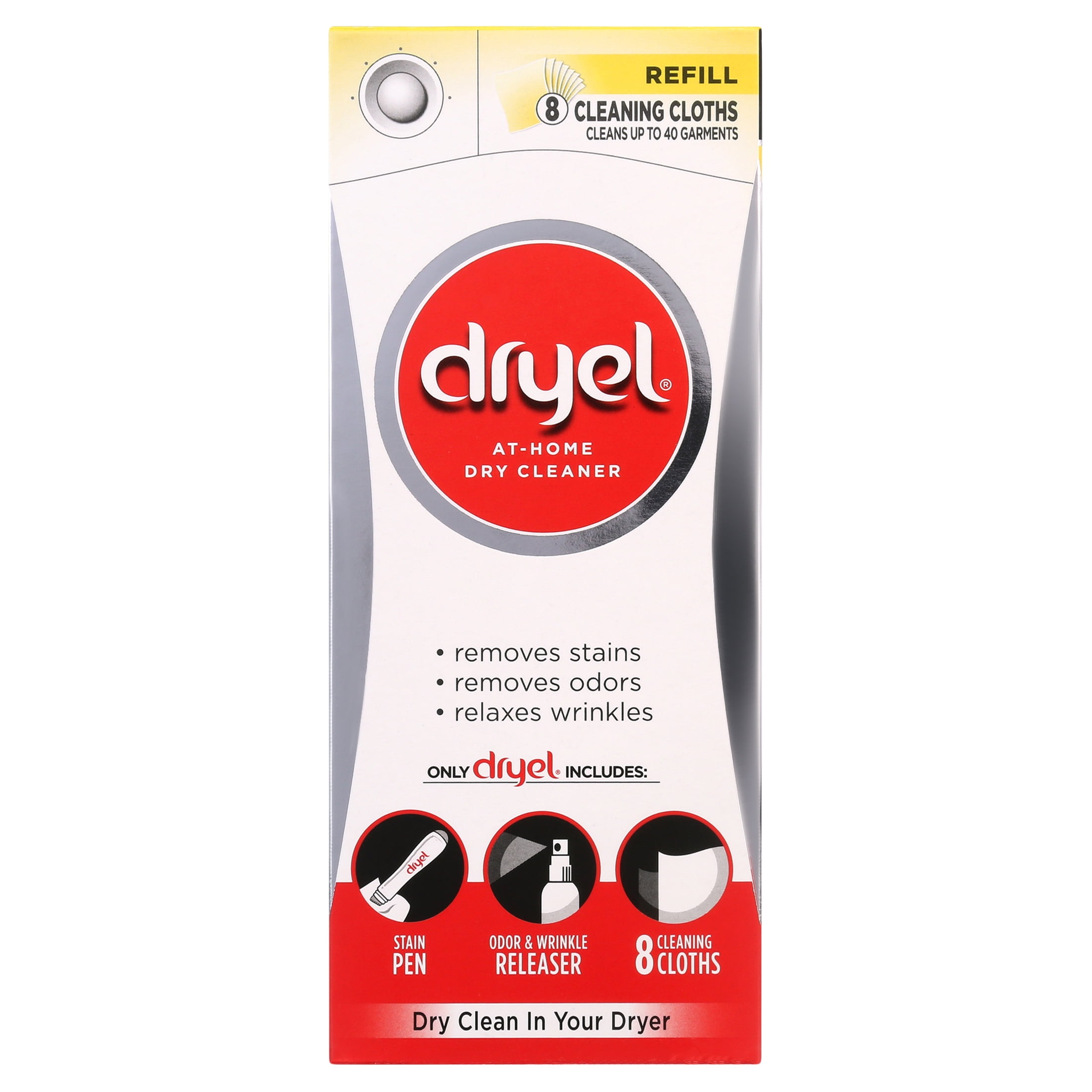 Dryel At-Home Dry Cleaner Stain Pen, Odor/Wrinkle Releaser, & 8 Cloths  Refill 799228011263