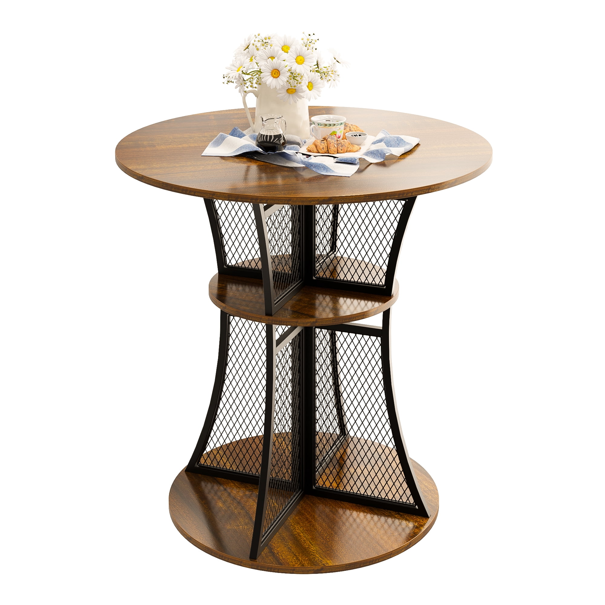 Yoneston 30-inch Round Bar Table, Wood Small Pub Table Metal Breakfast Nook Table with Storage Shelves for Dining Room Living Room Kitchen, Rustic Brown (Only Table)