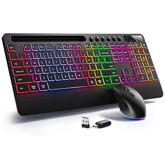 Wireless Keyboard and Mouse Combo 2.4G Full Size Silent/Quiet RGB Backlit Light Up Computer Keyboard & Mouse Combos Set with Phone Holder for Windows Mac PC Laptop