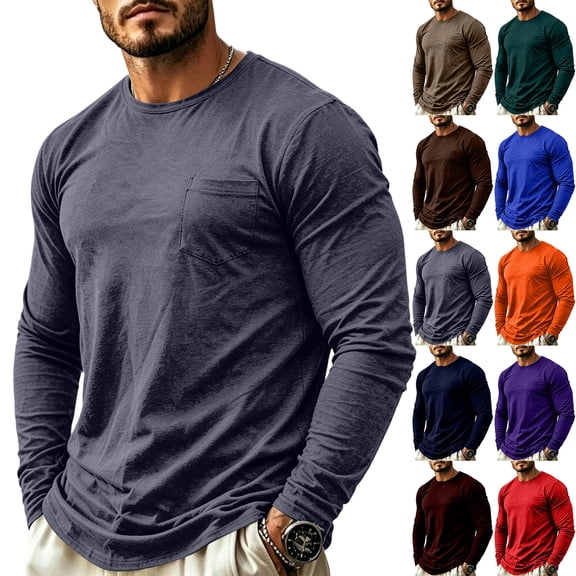 LNZGNM T-shirts for Men Long Sleeve Crew Neck Pocket Airy Casual with Relaxed Fit Tee Weekend Layering Outing,Brown(S)