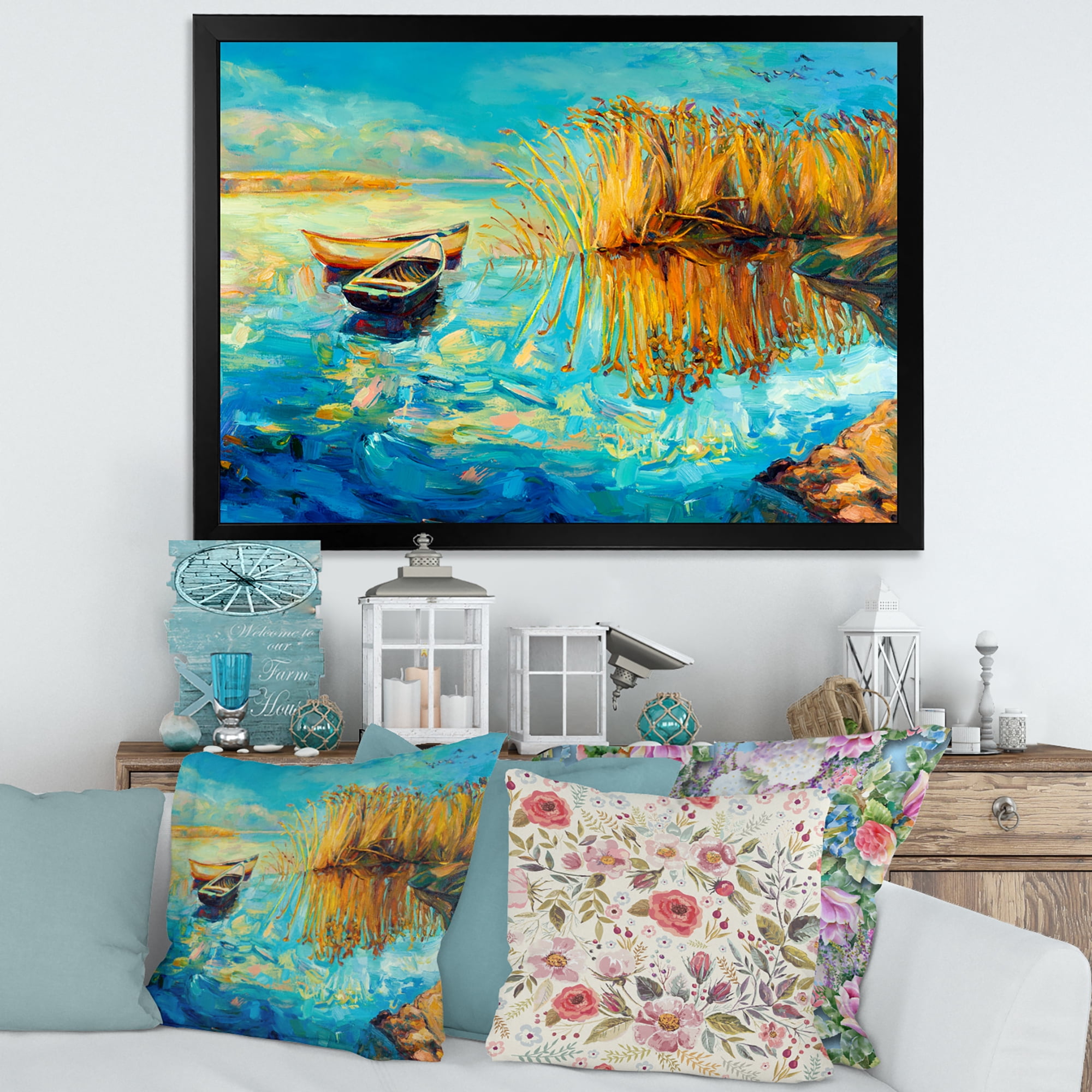 Orange Trees With Turquoise Lake During Sunset 20 in x 12 in Framed Painting Canvas Art Print, by Designart