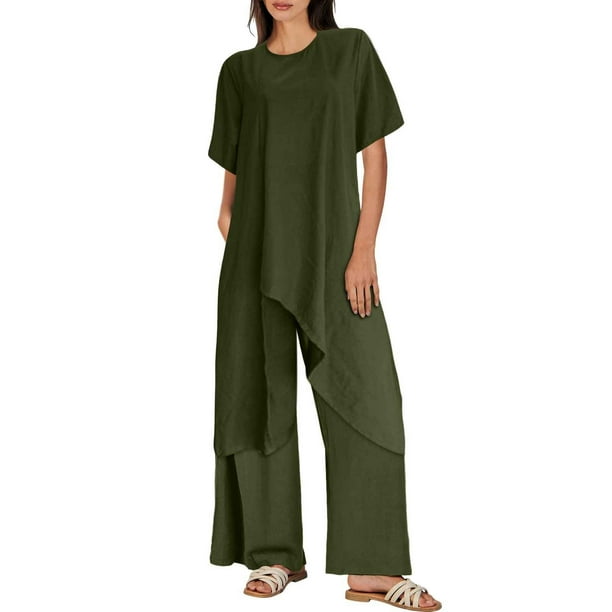 Conjunto de dos piezas de lino para mujer: top de manga corta y pantalones, ropa deportiva informal, varias tallas disponibles