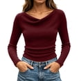 thumbnail image 3 of Asxite Women Plus Size Fall Winter Tops Round Neck Long Sleeve Solid Pile Collar Waist Ruched Ribbed Shirts, 3 of 7