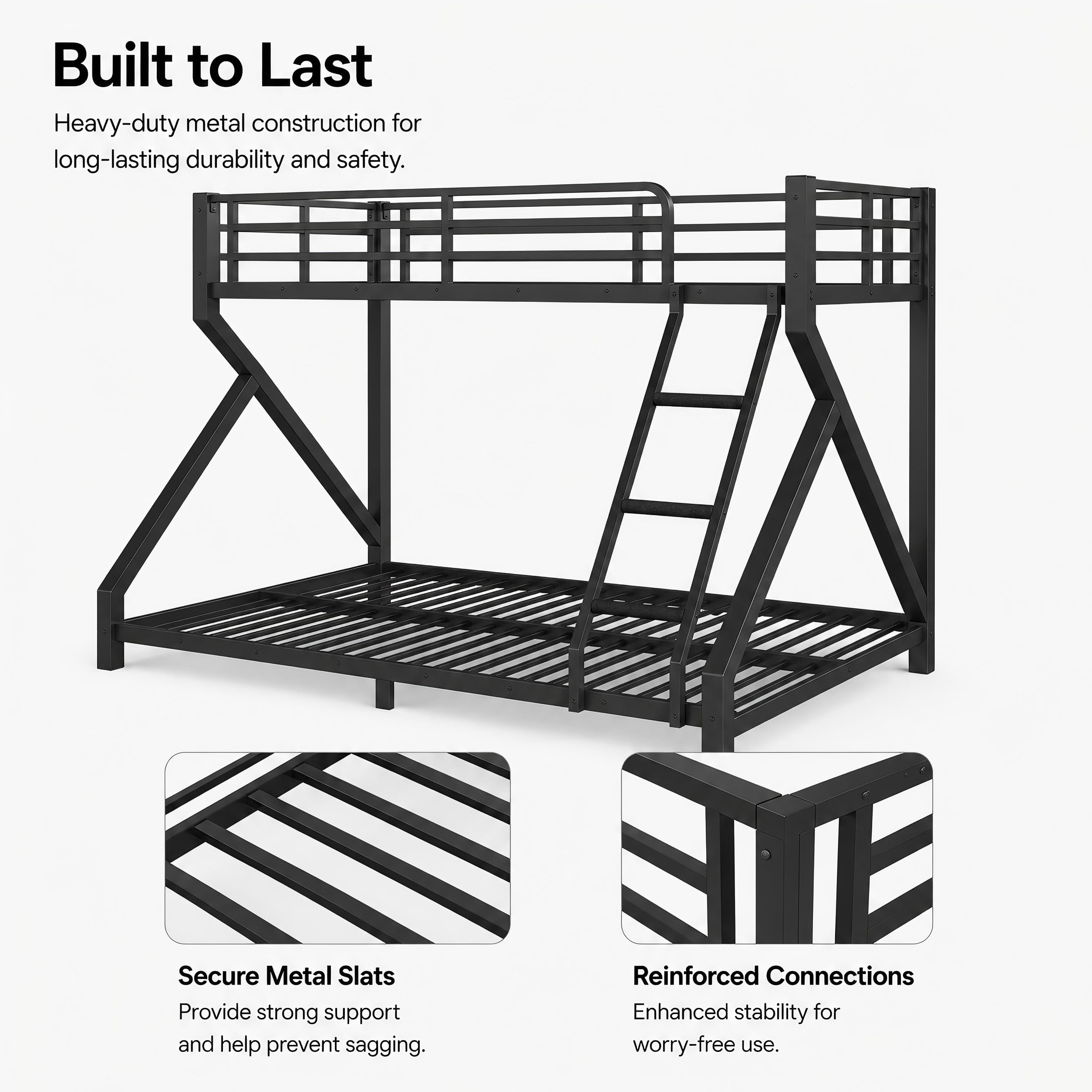 Aukfa Twin XL over Queen Metal Bunk Bed with Built-In Ladders, Low Profile Heavy Duty Bunk Bed with Reinforced Support Slats, No Box Spring Needed, Black