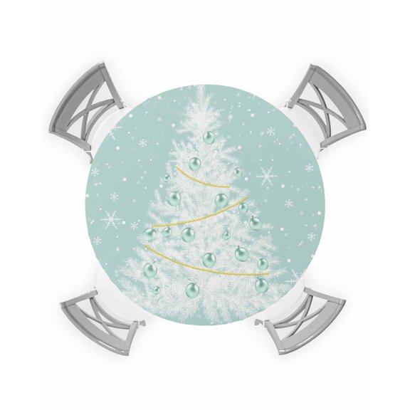 nqOlkjepod Teal Green Christmas Tree Round Tablecloth, Fitted Table Cover with Elastic for 45"-54" Round Tables, Balls Snowflake Xmas Tree Table Cloth Outdoor Dinning Party Waterproof Tablecloths