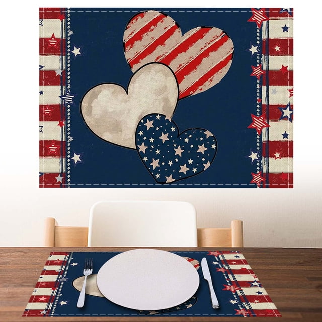 Manteles individuales de mesa del Día de la Independencia | Lino de rayas de corazón de estrella patriótica | Alfombrillas de comedor decorativas duraderas y fáciles de limpiar | Decoración festiva