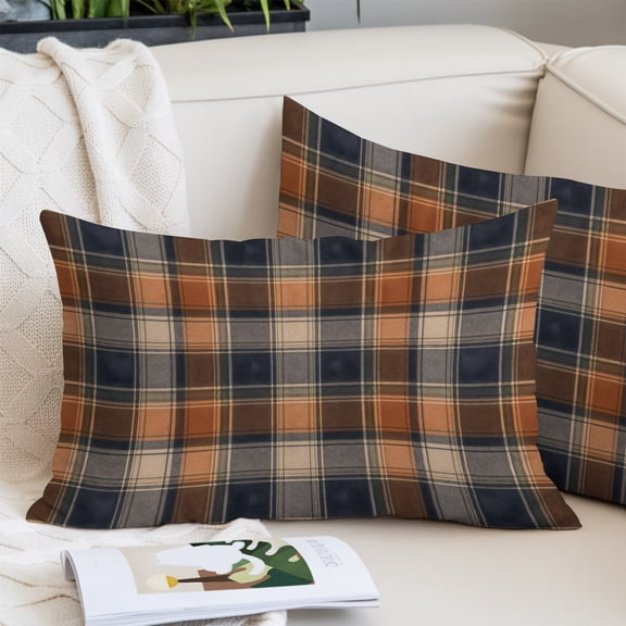 Orange Blue Plaid Standard Size Pillow Cover, Pillowcase Protectors with Zipper, Breathable Decorative Throw Pillow Case Cover, Farmhouse Checkered Buffalo Fall Pillow Shams for Couch Sofa 20x26Inch