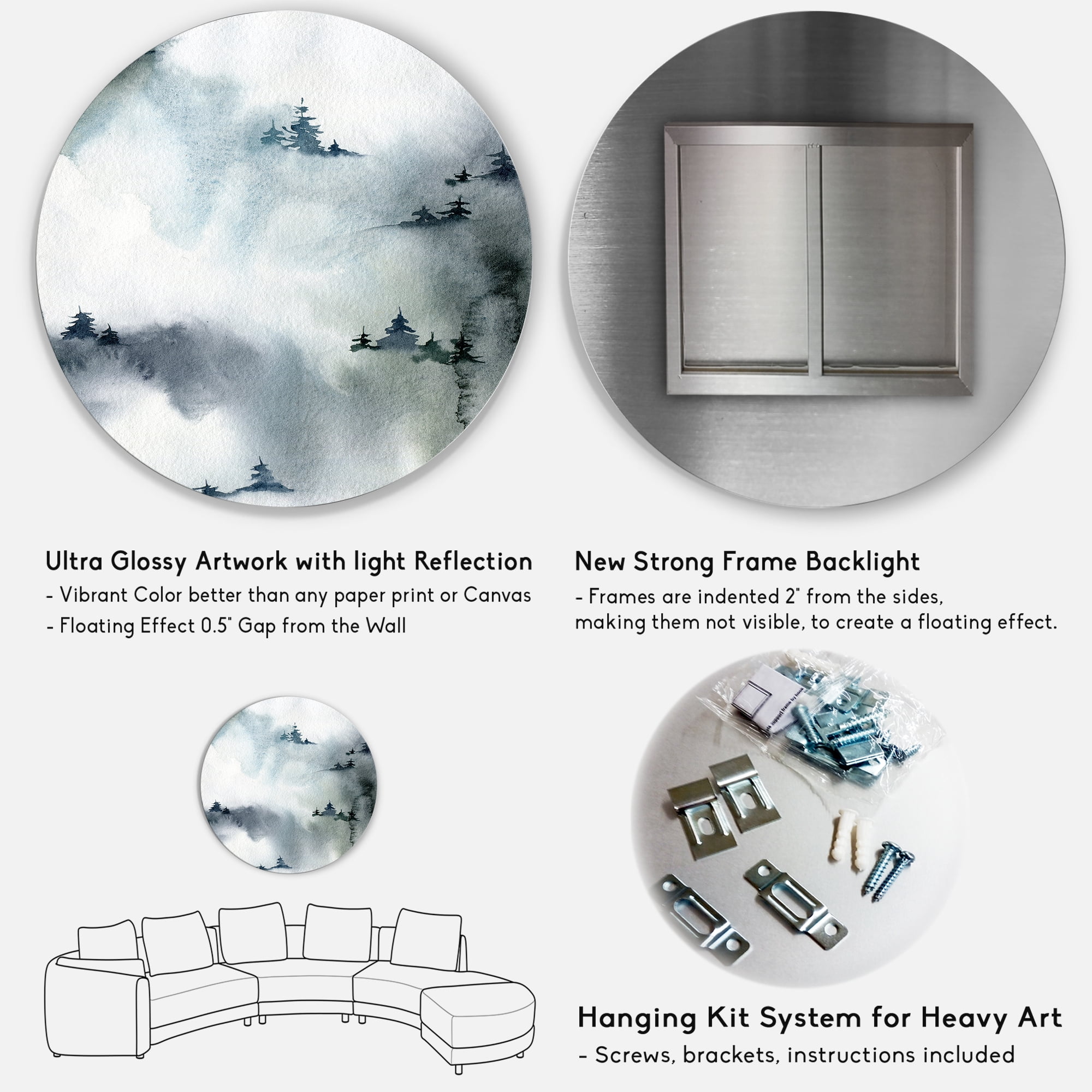 Designart 'Minimalistic Snowy Fir Trees With Winter Forest' Modern Circle Metal Wall Art 36x36 - Disc of 36