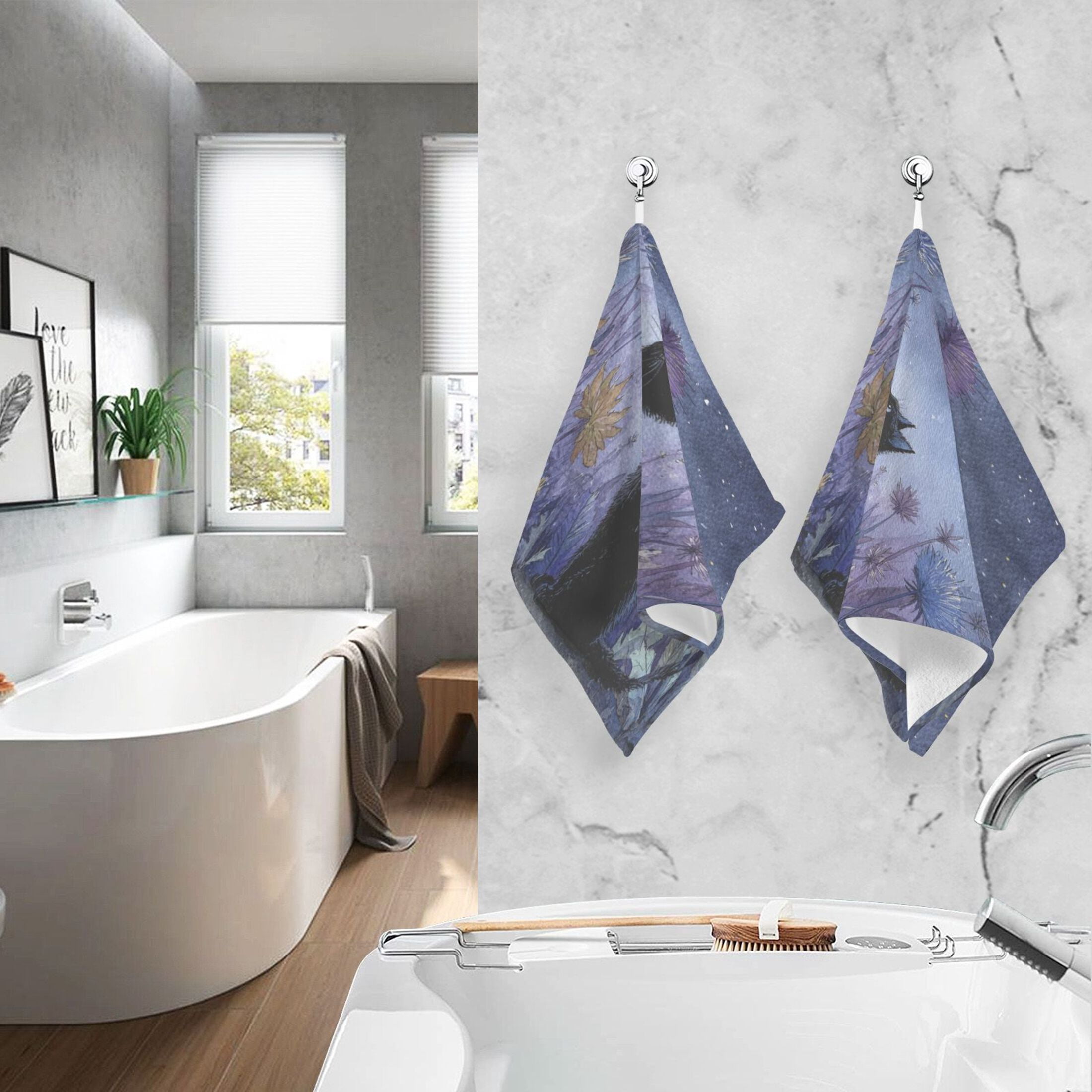 Cotton Towel Two-Piece 16x28 Inch One Sizex2 Face Towel Set Towel Set Cotton Hand Bath Towel Bathroom Beach Watercolor Black Cat