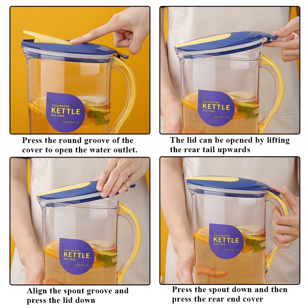 ReaNea Plastic Water Pitcher with Lid 71 oz and 4 Cups, Great for Juice, Milk, Beverage Cold Tea, Iced Tea (Yellow)