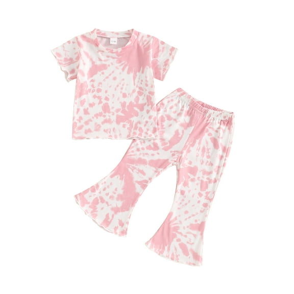 Suealasg Toddler Girls Clothes 6M 1T 2T 3T 4T 5T Short Sleeve Tie-dye Print T-Shirt Tops and Flare Pants Sets 2Pcs Little Girls Summer Casual Outfits