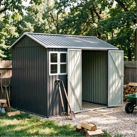 LuckyNote 8x6 ft Large Steel Storage Shed with Window, Lockable Doors & Sloped Roof, Heavy Duty Outdoor Tool Shed, Dark Gray