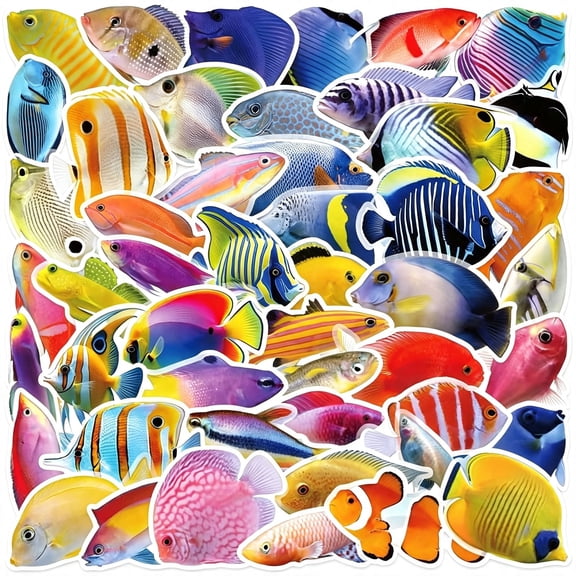 CCOCC 53Pcs Transparent Tropical Fish Stickers,Waterproof Pet Marine Animal Decals for Water Bottle Laptop Luggage Skateboard Scrapbook Suitcase,Colorful Diy Craft Gifts for Kids Teens Adults
