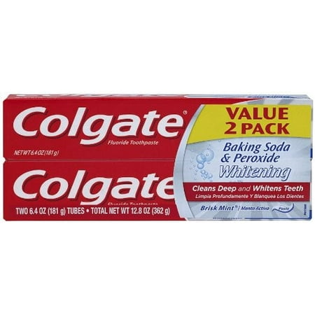Colgate Whitening Baking Soda & Peroxide Fluoride Toothpaste, Brisk Mint, 6.4 Oz, 2 Ct