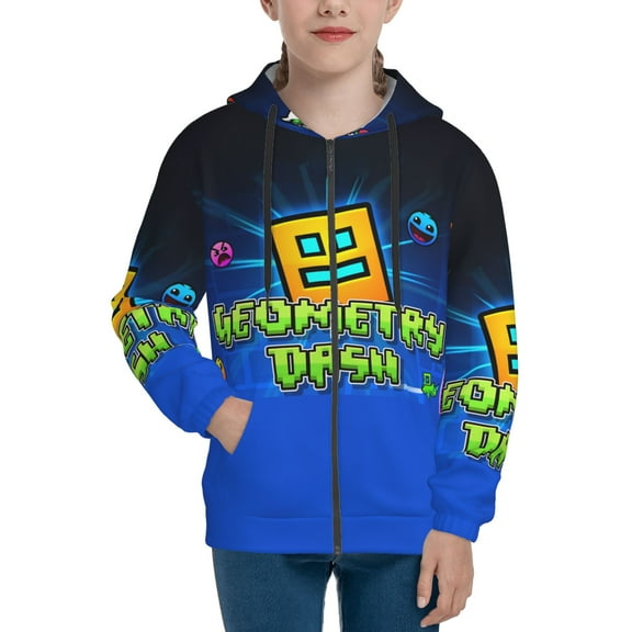 Geometry Dash Kids Zip Up Hoodies for Boys Girls 6-16 Hooded Sweatshirt with Pocket Long Sleeve Jacket Small